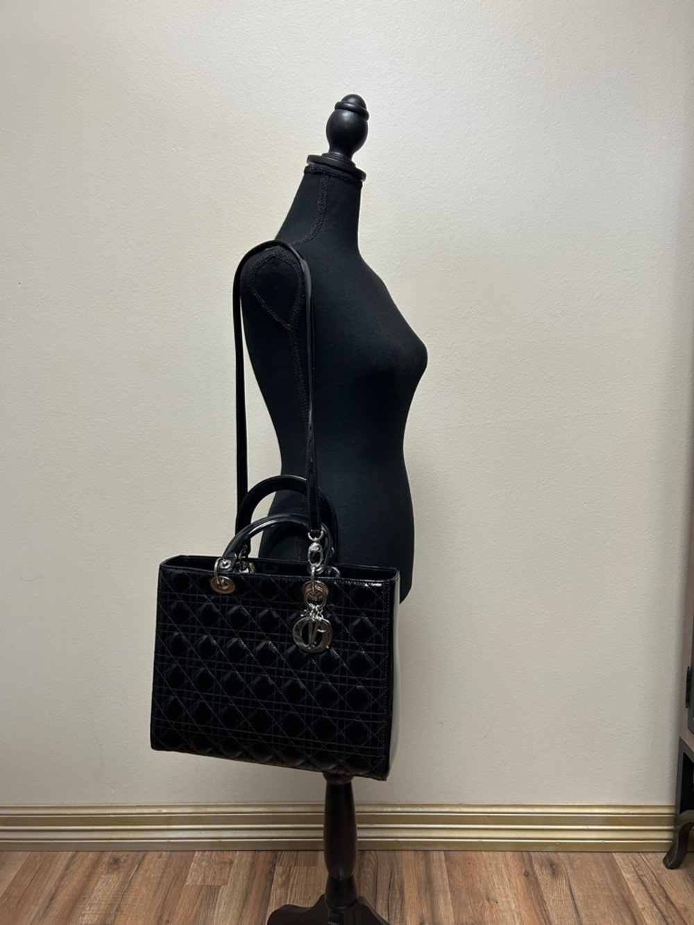 LARGE LADY Dior Black Patent Quilted Satchel with Shoulder Strap